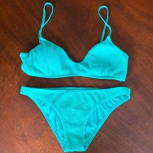 Billabong summer high bralette bikini top and bottoms in teal, size medium